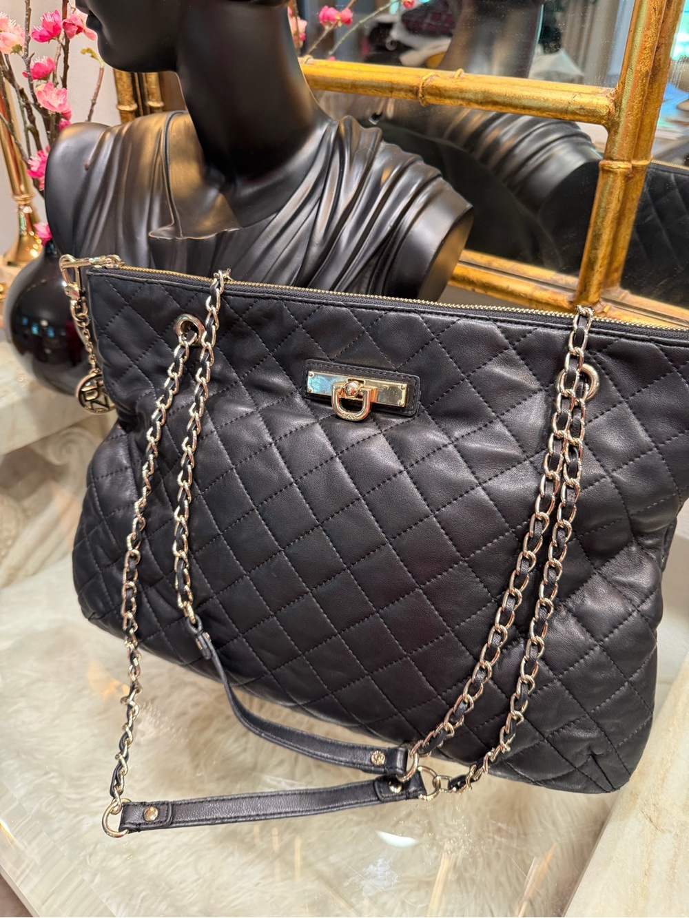 DKNY Quilted Black Chain-Handle caviar leather satchel Shoulder Bag